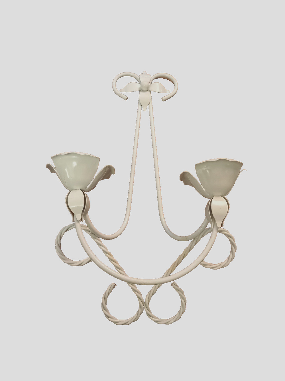 Vtg White Metal Sconce Candle Holder Two Arm 3D Flowers Braided Shabby Chic 17"